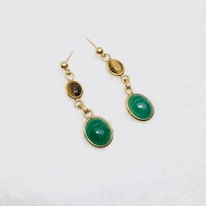 Vintage Carved Green Stone Scarab Gold Earrings Egyptian Tigers Eye 1.5”